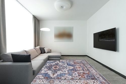 8x10 Area Rugs for Living Room Bedroom: Large Washable Rug with Non-Slip Backing Non-Shedding Stain Resistant, Boho Floral Large Carpet for Dining Room Nursery Home Office Indoor Gray Blue/Brown in Modern Living Room with Grey Couch