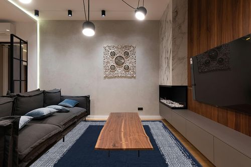 CAMILSON Navy Blue Area Rug 7'10" x 10', Easy-Cleaning Non-Shedding, Bordered for Living Room, Bedroom, Dining Room Navy Blue/Cream Indoor Area Rugs (8x10) in Dark Wood Living Room with Black Couch