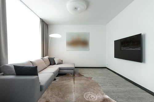 Sunshine Cowhides Genuine Taupe Cowhide Rug - Luxurious Cow Rug for Bedroom, Living Room, and Home Decor Enthusiasts - Masterpiece of Style and Functionality - 6x7-8ft (180x240cm) in Modern Living Room with Grey Couch