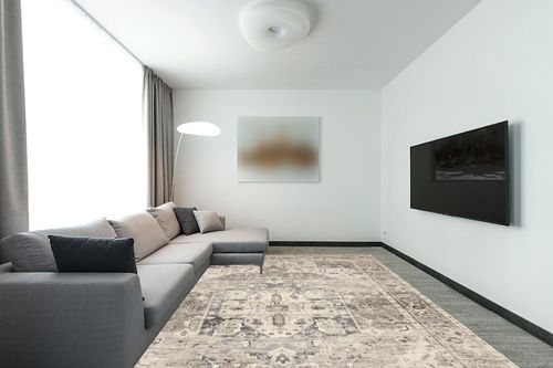 Loloi II Hathaway Collection HTH-05 Steel/Ivory, Traditional 9'-0" x 12'-0" Area Rug in Modern Living Room with Grey Couch