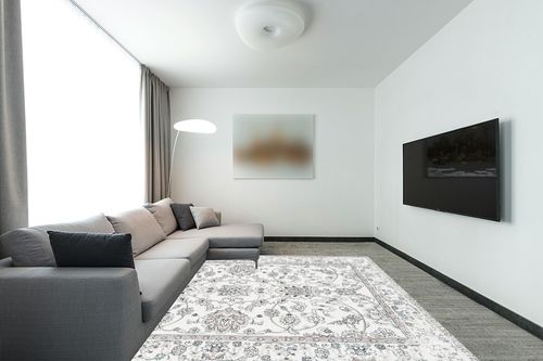 Area Rug Living Room Rugs - 8x10 Large Machine Washable Soft Farmhouse Boho Moroccan Floral Thin Rug Indoor Floor Carpet for Bedroom Under Dining Table Home Office Decor - Brown in Modern Living Room with Grey Couch