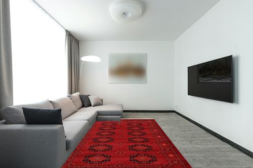 Unique Loom Tekke Collection Over-Dyed Saturated Traditional Torkaman Area Rug, 6 ft 0 in x 9 ft 0 in, Red/Black in Modern Living Room with Grey Couch