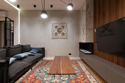 Lahome Boho Tribal Area Rug - 8x10 Large Living Room Area Rug for Bedroom Aesthetic, Washable Playroom Mat Vintage Soft Nursery Accent Carpet for Dining Family Room Foyer Apartment Den,Rust in Dark Wood Living Room with Black Couch