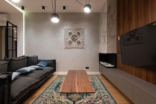 Mohawk Home Dellen Teal Blue 6' x 9' Whimsy Area Rug Perfect for Living Room, Dining Room, Office in Dark Wood Living Room with Black Couch