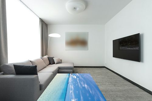 Blue Sky White Cloud Sea View Indoor Rug, Modern Minimalist Ship Decoration Rug, Area Rug - Suitable for Indoor Living Room Bedroom Study Room Dining Room and Outdoor Terrace - Fluffy 5 x 7ft in Modern Living Room with Grey Couch