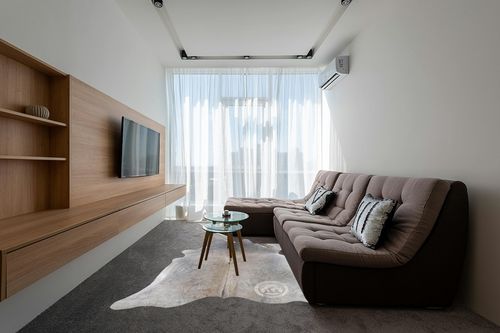 Genuine Grey Beige Cowhide Rug XL 6 x 7-8 ft. 180 x 240 cm in Grey Living Room with Brown Couch