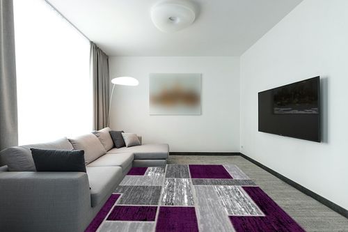 L'Baiet Verena Geometric Area Rug Purple Grey 8' x 10' Large Area Rugs Carpet for Living Room, Bedroom, Dining Table, Office, Hallway, Foyer | Neutral Colorful Modern Abstract Home Decor in Modern Living Room with Grey Couch