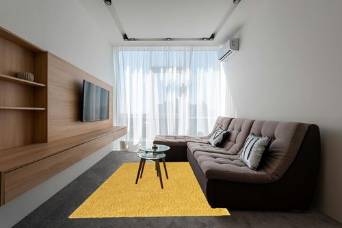 Yellow, 6x9 Feet fluffy rug in Grey Living Room with Brown Couch