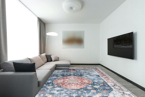 HOMBYS 9x12 Vintage Area Rug for Living Room Bedroom, Large Boho Floor Carpet with Non-Slip Backing for Indoor Office Dining Room, Traditional Home Deco Non-Shedding, Blue, Machine Washable in Modern Living Room with Grey Couch
