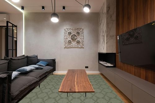 Garland Rug Sparta Area Rug, 9-Feet by 12-Feet, Sage in Dark Wood Living Room with Black Couch