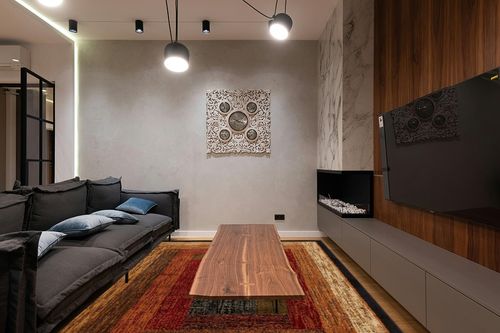 Home Dynamix Royalty Vega Contemporary Geometric Area Rug, Black/Brown, 7'8"x10'4" in Dark Wood Living Room with Black Couch