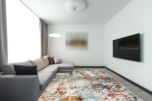 SAFAVIEH Madison Collection Area Rug - 9' x 12', Grey & Blue, Modern Abstract Design, Non-Shedding & Easy Care, Ideal for High Traffic Areas in Living Room, Bedroom (MAD471F) in Modern Living Room with Grey Couch