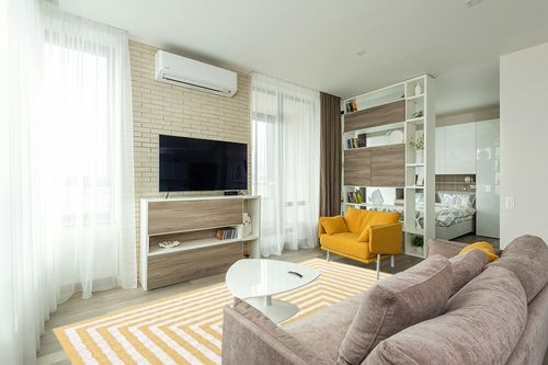 Unique Loom Casa Collection Area Rug - Toluca (8' 3" x 10' Rectangle, Yellow/ Ivory) in Light Modern Living Room with TV