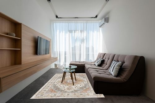 befbee 6x9 Area Rugs for Living Room,Super Soft Ultra-Thin Stain Resistant Machine Washable Rugs for Bedroom,Non-Slip Backing Large Area Rug (Turmeric/Grey, 6'x9') in Grey Living Room with Brown Couch