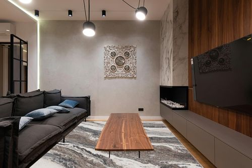 Blue Art Deco Stain Resistant Kitchen, Dining Room Area Rug in Dark Wood Living Room with Black Couch