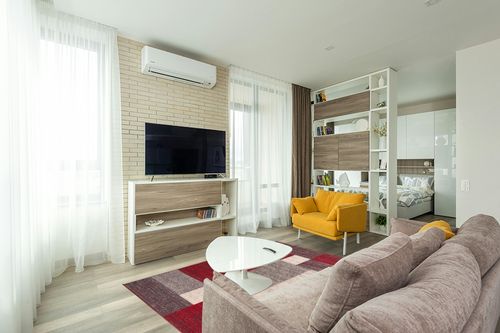 Modern Boxes Design Non-Slip (Non-Skid) Area Rug 5 X 7 (5' 3" X 7' 3") Red in Light Modern Living Room with TV