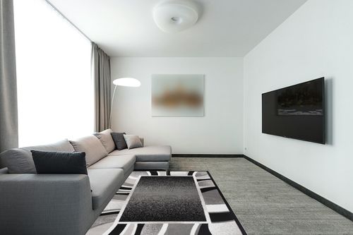 Home Dynamix Lyndhurst Rotana Modern Area Rug, Contemporary Black/Gray 5'2"x7'4" in Modern Living Room with Grey Couch