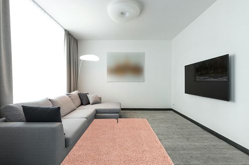 Everyday Shag Rug Pink in Modern Living Room with Grey Couch