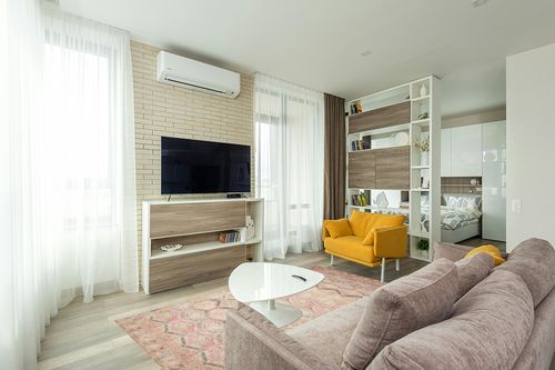 Loloi II Layla Collection LAY-17 Pink/Lagoon, Traditional 5'-0" x 7'-6" Area Rug in Light Modern Living Room with TV