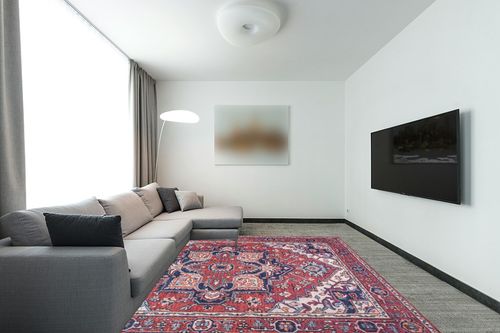 Eyely HSW105A-8 Machine Washable Cirali Ornate Large Medallion Indoor Area Rug Bohemian;Farmhouse;Persian, Bedroom, Kitchen, Living Room, Easy-Cleaning, Non-Shedding, 8 X 10, Red/Navy in Modern Living Room with Grey Couch