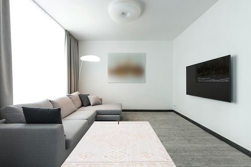 Hauteloom Rosales Farmhouse Living Room Bedroom Modern Moroccan Medallion Area Rug - Soft Shaggy High Low Carpet - High Pile - Bohemian, Boho - White, Beige, Cream - 5'3" X 7' in Modern Living Room with Grey Couch