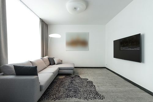 MustMat Faux Animal Rug Black and White Leopard Print Rugs for Living Room Approx 4.5'x6.2' in Modern Living Room with Grey Couch