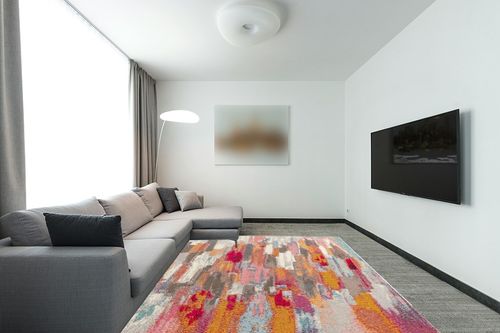 JONATHAN Y CTP101A-8 Contemporary POP Modern Abstract Brushstroke Indoor Area-Rug Bohemian Easy-Cleaning High Traffic Bedroom Kitchen Living Room Non Shedding, 8 ft x 10 ft, Cream/Pink in Modern Living Room with Grey Couch