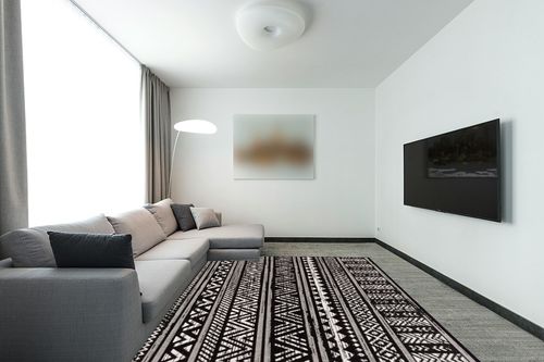 HOMEGNOME Indoor Outdoor Distressed Bohemian Area Rug (8'x10', Black) in Modern Living Room with Grey Couch