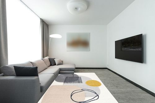 Abani Rugs Cream and Gray 6 ft. X 9 ft. Mid-Century Rug with Circles and Lines. Neutral Tones of Cream, Gray and a pop of Yellow. Minimalistic Design Turkish Stain Resistant Area Rug. in Modern Living Room with Grey Couch