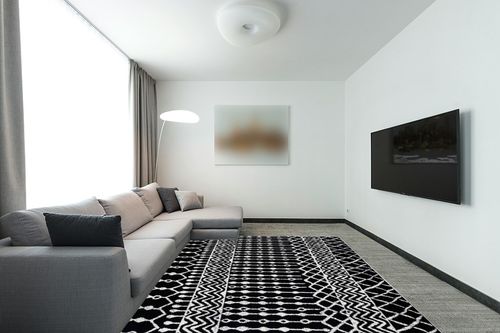 SAFAVIEH Tulum Collection Area Rug - 8' x 10', Black & Ivory, Moroccan Boho Distressed Design, Non-Shedding & Easy Care, Ideal for High Traffic Areas in Living Room, Bedroom (TUL270Z) in Modern Living Room with Grey Couch
