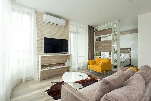 Prime Cowhides Cowhide Rug Tricolor Genuine Hair on Hide Size: Medium (5ft x 6ft) (150cm x 180cm) in Light Modern Living Room with TV