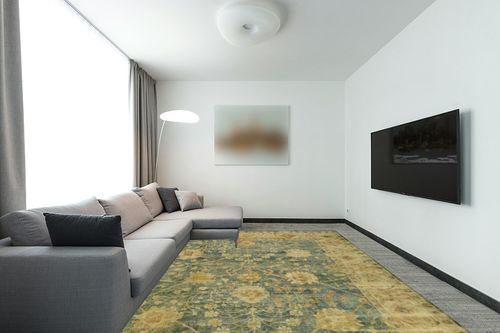 SAFAVIEH Oushak Collection Area Rug - 9' x 12', Medium Blue & Green, Hand-Knotted Traditional Oriental Wool, Ideal for High Traffic Areas in Living Room, Bedroom (OSH117A) in Modern Living Room with Grey Couch
