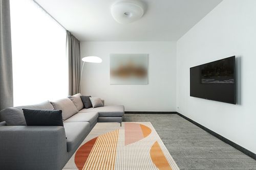 Rugs for Living Room- Large Area Rug, Yellow Striped Rug, Indoor Area Rug with Jute Backing, Anti-Skid Carpet(Yellow, 6' 5" x 9' 5") in Modern Living Room with Grey Couch