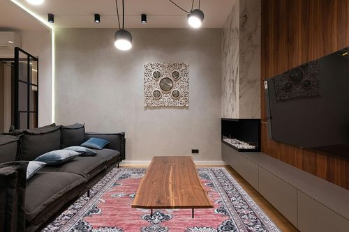 Eyely HSW201B-8 Washable Bausch Bohemian Distressed Chenille Indoor Area Rug, Classic, Mid-Century, Rustic for Bedroom,Kitchen,Living Room,Non Shedding,Easy-Washing, Pink, 8 X 10 in Dark Wood Living Room with Black Couch