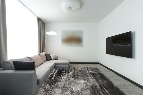 ‎Silver/Black ‎Contemporary ‎Non Slip ‎Living Room ‎Area Rug in Modern Living Room with Grey Couch
