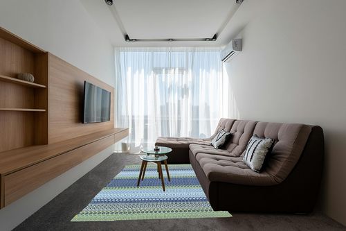 Dash and Albert Fiesta Stripe French Blue/Green Handwoven Indoor/Outdoor Rug, 6 X 9 Feet, Multi Stripe Pattern in Grey Living Room with Brown Couch