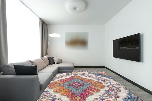 JONATHAN Y BMF106A-9 Bohemian Flair Boho Vintage Medallion Indoor Area-Rug Floral Easy-Cleaning High Traffic Bedroom Kitchen Living Room Non Shedding, 9 X 12, Blue/Multi in Modern Living Room with Grey Couch