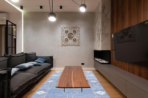 Safavieh Kilim Collection Area Rug - 6' x 9', Blue & Ivory, Flat Weave Rustic Boho Tribal Design, Non-Shedding & Easy Care, Ideal for High Traffic Areas in Living Room, Bedroom (KLM763M) in Dark Wood Living Room with Black Couch