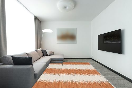 SAFAVIEH Montauk Collection Area Rug - 8' x 10', Orange, Handmade Stripe Fringe Cotton, Ideal for High Traffic Areas in Living Room, Bedroom (MTK751C) in Modern Living Room with Grey Couch