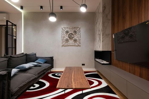 Msrugs Area Rugs, 8x10 Frize Collection Modern Red Black White Area Rug, Contemporary Geometric Carpet for Living Room and Bedroom in Dark Wood Living Room with Black Couch