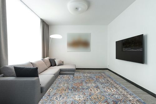 Nourison Concerto Bohemian Blue/Multi 8'10" x 11'10" Area -Rug, Easy -Cleaning, Non Shedding, Bed Room, Living Room, Dining Room, Kitchen (9x12) in Modern Living Room with Grey Couch