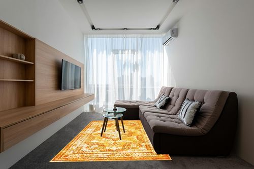 Unique Loom Sofia Collection Area Rug - Salle Garnier (6' 1" x 9' Rectangle, Orange/ Yellow) in Grey Living Room with Brown Couch