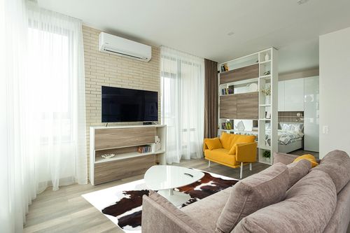 Sunshine Cowhides Genuine Tricolor Cowhide Rug - Luxurious Cow Rug for Bedroom, Living Room, and Home Decor Enthusiasts - Masterpiece of Style and Functionality - 6x6-7ft (180x210cm) in Light Modern Living Room with TV