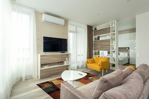 Home Dynamix Catalina_HD1237-999 Area Rug, 5 ft 3 in x 7 ft 2 in, Brown/Beige in Light Modern Living Room with TV