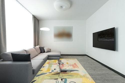 COLORWRKS Sunny Pastels Abstract Area Rug in Yellow Orren Ellis Rug Size ... in Modern Living Room with Grey Couch