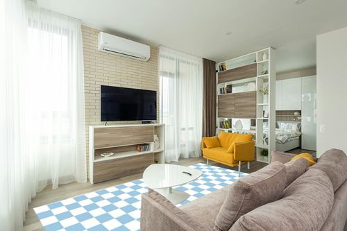 Retro Checkered Blue White Area Rug for Living Room Dining Room Bedroom Home Office Washable Fluffy Soft Carpet Playroom Nursery Room Large Faux Wool 8x10 Rug in Light Modern Living Room with TV