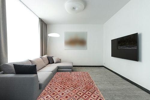 SAFAVIEH Cape Cod Collection Area Rug - 5' x 8', Natural & Red, Handmade Flat Weave Diamond Braided Jute & Denim, Ideal for High Traffic Areas in Living Room, Bedroom (CAP354B) in Modern Living Room with Grey Couch