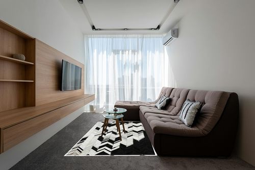 Handmade Black and White Cowhide Patchwork Rug - Black and White with Grayish Stripes Herringbone Chevron Patchwork Cowhide Rug 5 ft X 8 ft in Grey Living Room with Brown Couch