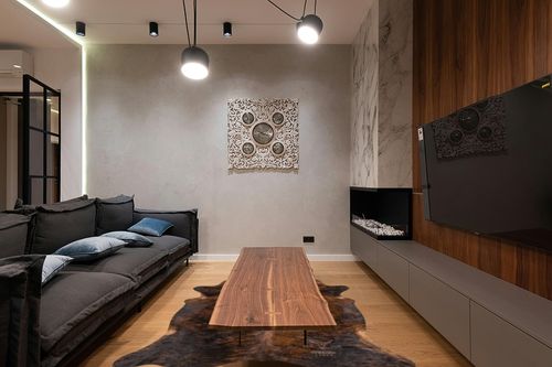 Tomtom Cowhides Brindle Dark Cowhide Rug 100% Natural Leather Rugs 7' x '6 in Dark Wood Living Room with Black Couch