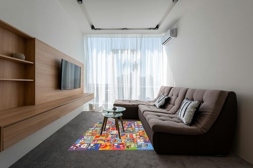 KC Cubs DC Super Hero Rug - ABC Alphabet - Traits & Emotions Playrug - Educational & Learning Carpets - Children’s Play - Rectangular Kids Play Carpet - Toddlers 2 & Up - Playroom, Classroom, Bedroom in Grey Living Room with Brown Couch